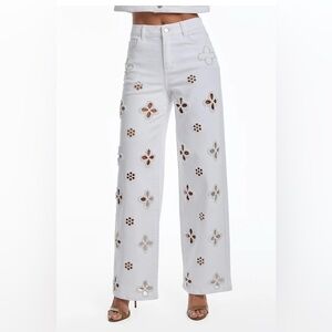Noli White Floral Cutout Flare Jeans